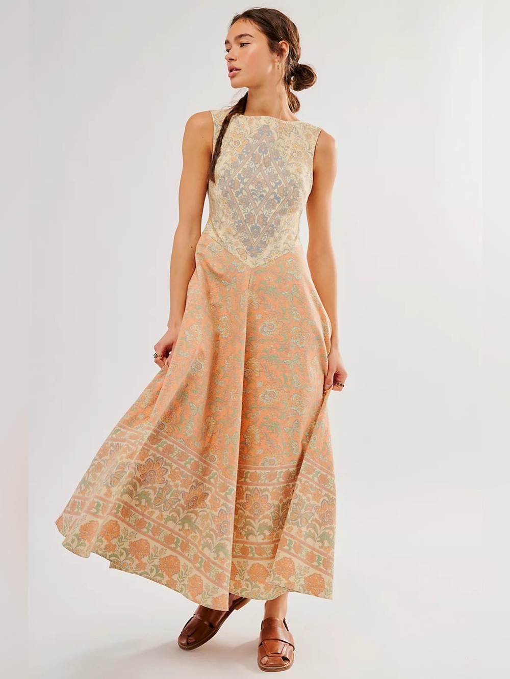 Free People Malena Maxi Dress Paisley Boho Sleeveless Linen Backless Dress - Picture 1 of 7